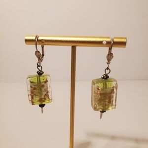 Olive Green & 24k Gold Foil Cube Dangle Earrings Silver-Tone VGC Murano Glass